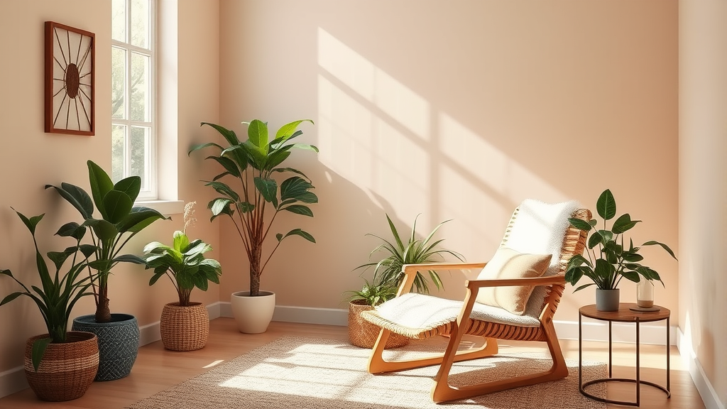 Peaceful therapy room with natural lighting, comfortable chair, plants, tranquil healing environment, warm earth tones, no text no words no letters