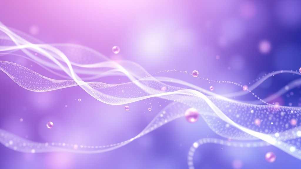 Abstract representation of cellular healing with flowing light particles and gentle energy waves in calming purple and blue hues no text no words no letters