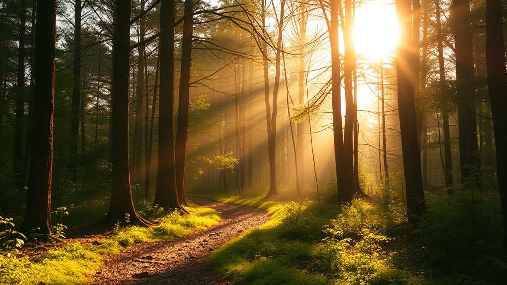 Soft sunlight filtering through trees onto peaceful forest path representing healing journey with warm golden tones no text no words no letters