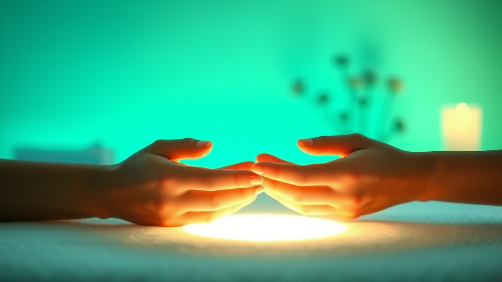Gentle hands cupping glowing light in serene therapy room setting with soft blue and green hues no text no words no letters