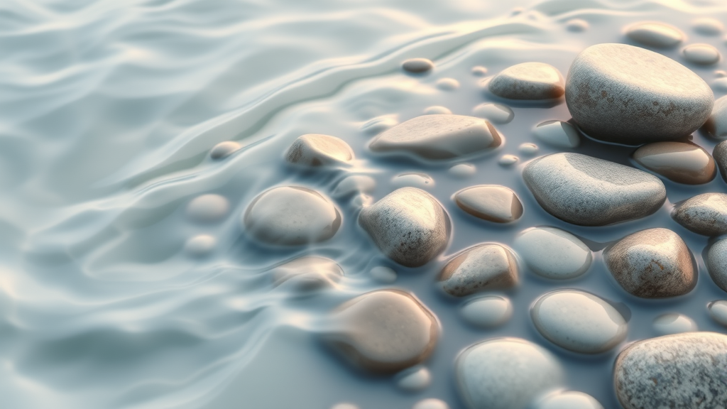Abstract flowing water over smooth stones symbolizing emotional healing with calming pastels and natural elements no text no words no letters