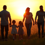 Peaceful family silhouettes walking together at sunset, warm golden light, harmony and connection, no text no words no letters