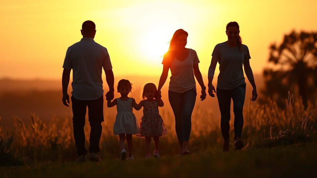 Peaceful family silhouettes walking together at sunset, warm golden light, harmony and connection, no text no words no letters