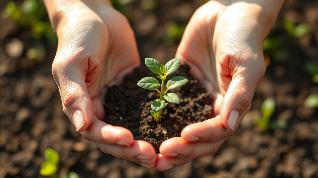 Gentle hands forming protective circle around small plant growing, soft natural lighting, growth and nurturing concept, no text no words no letters