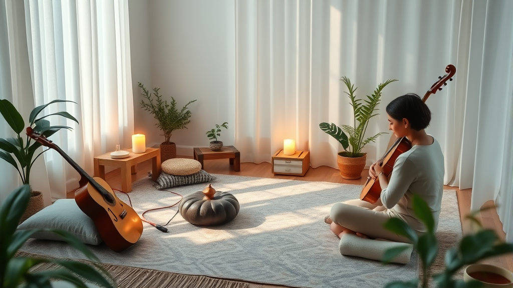 Peaceful music therapy session with soft natural lighting, healing instruments, serene therapeutic environment, gentle colors, calming atmosphere, no text no words no letters