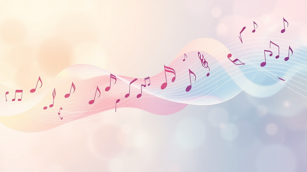 Abstract representation of sound waves and musical notes flowing in therapeutic harmony, soft pastels, healing energy, peaceful vibes, no text no words no letters