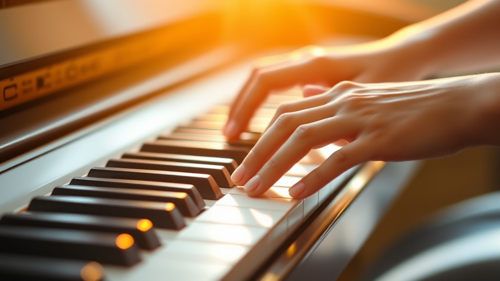 Serene hands playing piano keys with warm golden light, therapeutic healing concept, gentle musical expression, tranquil setting, no text no words no letters