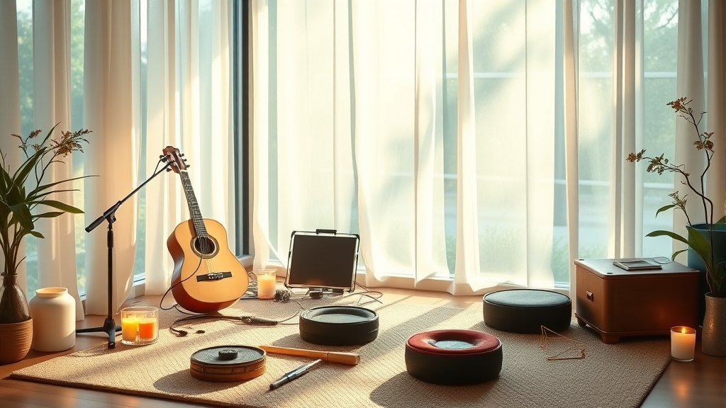 Peaceful music therapy session with soft natural lighting, musical instruments, healing atmosphere, serene colors, no text no words no letters