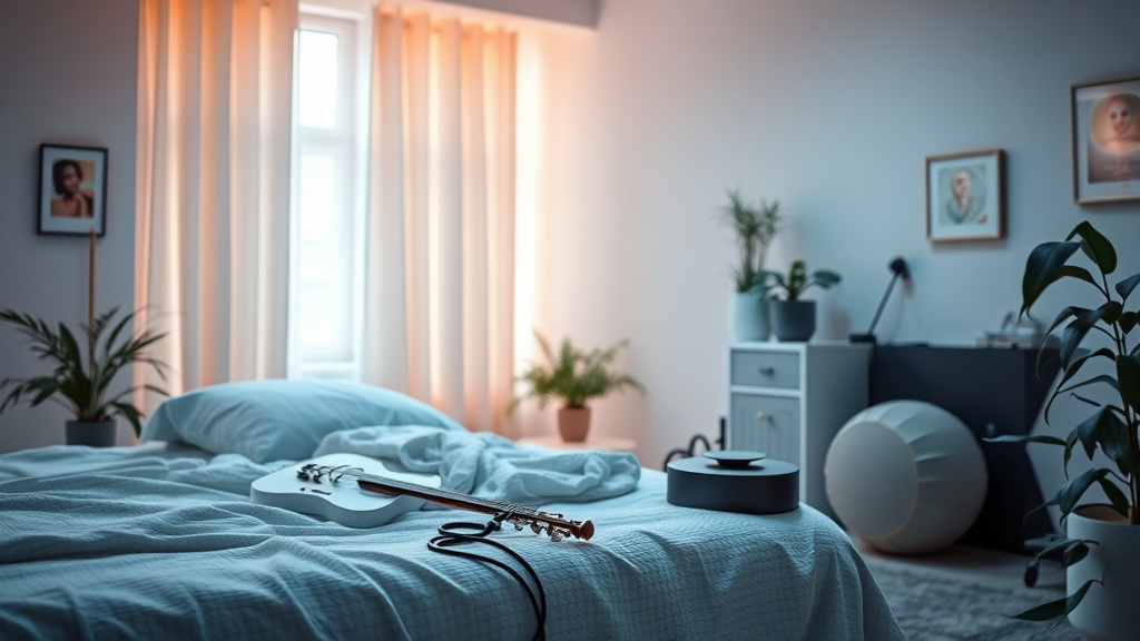 Therapeutic music setting with gentle instruments, calming healthcare environment, warm lighting, peaceful mood, no text no words no letters