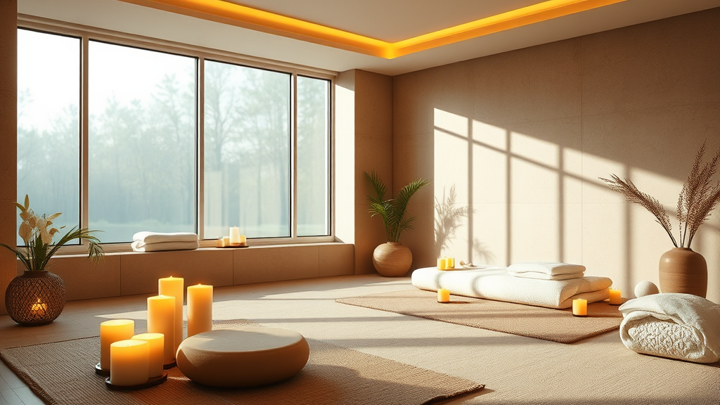 Serene spa setting with soft natural lighting, warm earth tones, peaceful atmosphere, candles, meditation space, no text no words no letters