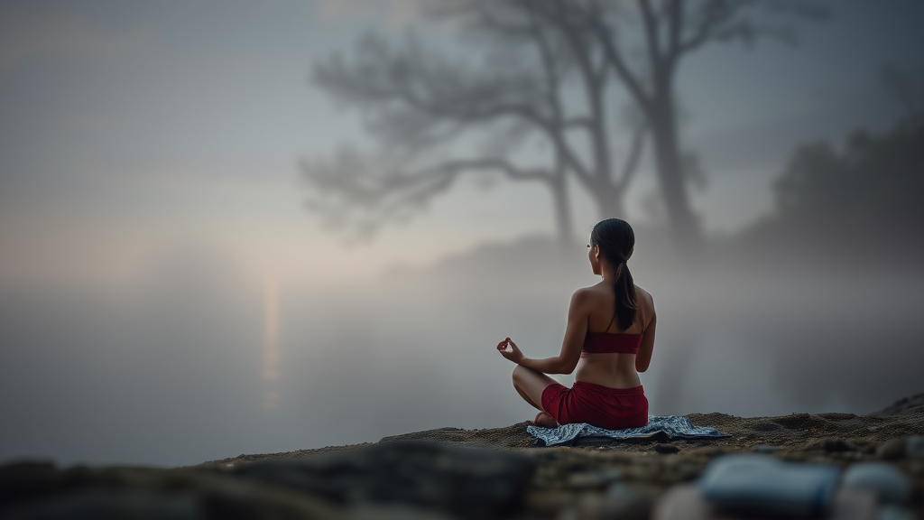 Tranquil meditation scene with soft focus, warm amber lighting, peaceful energy, emotional wellness concept, serenity, no text no words no letters