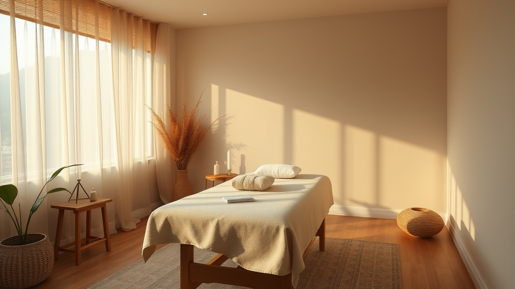 Peaceful therapy room with soft lighting and natural elements, massage table, calming atmosphere, wellness setting, warm earth tones, no text no words no letters