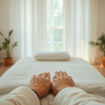 Peaceful therapy room with soft natural lighting gentle hands healing touch calm serene wellness atmosphere no text no words no letters