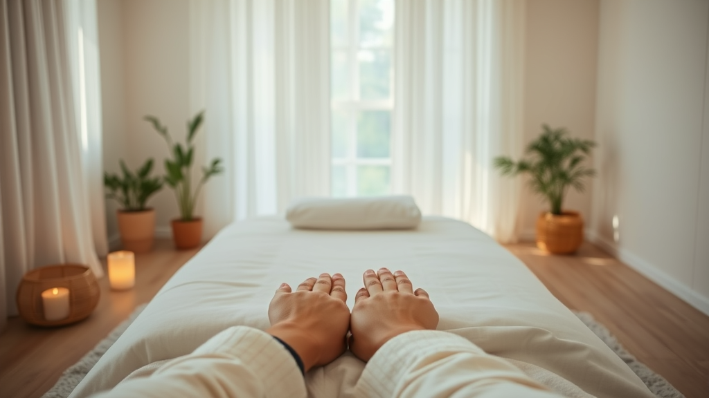 Peaceful therapy room with soft natural lighting gentle hands healing touch calm serene wellness atmosphere no text no words no letters