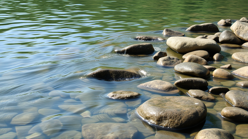 Tranquil nature scene flowing water smooth stones representing body connection healing journey peaceful wellness no text no words no letters