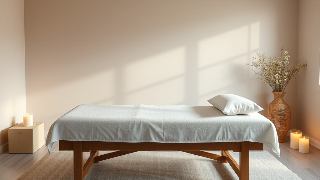 Serene therapy room with treatment table soft pillows warm lighting peaceful healing environment wellness concept no text no words no letters