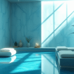 Peaceful wellness spa interior with soft natural lighting and calming blue tones representing cellular rejuvenation and vitality no text no words no letters