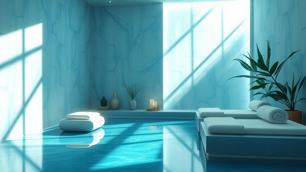 Peaceful wellness spa interior with soft natural lighting and calming blue tones representing cellular rejuvenation and vitality no text no words no letters