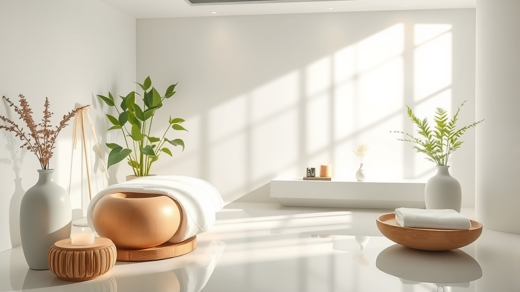 Tranquil medical spa setting with gentle lighting and natural elements conveying health restoration and wellbeing no text no words no letters
