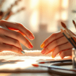 Soft morning light illuminating hands with colorful nail art brushes and peaceful spa setting creating calm wellness atmosphere no text no words no letters