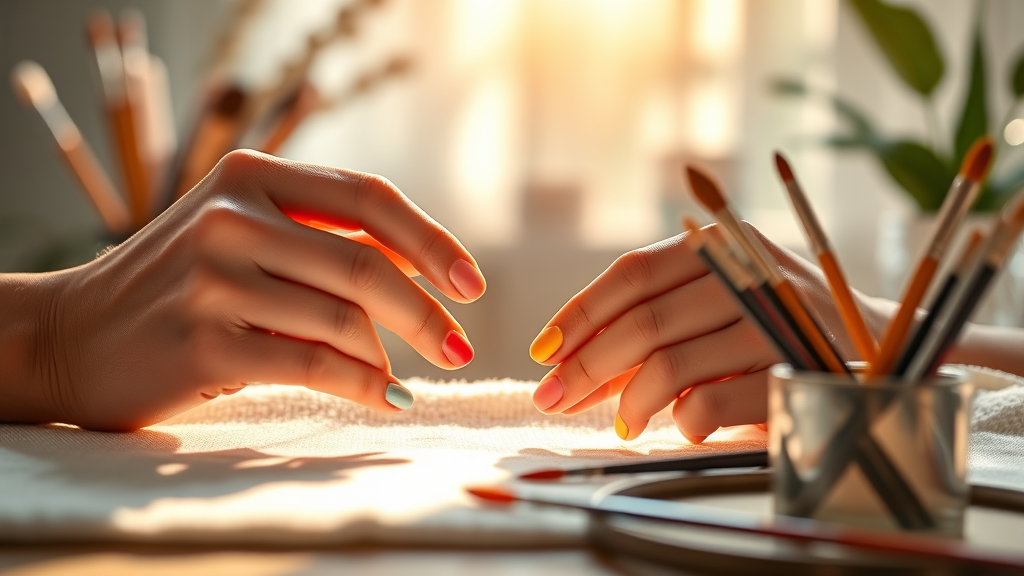 Soft morning light illuminating hands with colorful nail art brushes and peaceful spa setting creating calm wellness atmosphere no text no words no letters