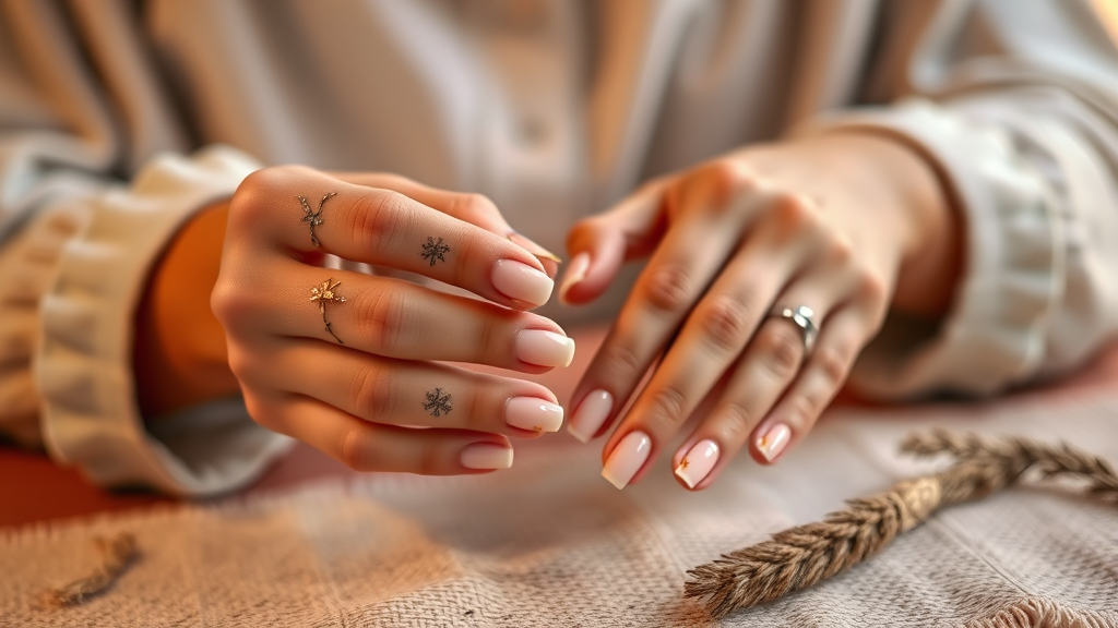 Gentle hands creating intricate nail designs in serene therapeutic environment with warm lighting and mindful creative expression no text no words no letters