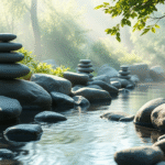 Peaceful zen garden with soft morning light, healing stones, gentle water flow, calming blue and green tones, serenity, no text no words no letters