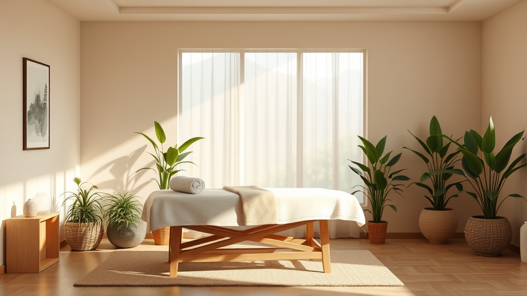 Tranquil therapy room with natural lighting, comfortable treatment table, plants, warm earth tones, healing atmosphere, no text no words no letters