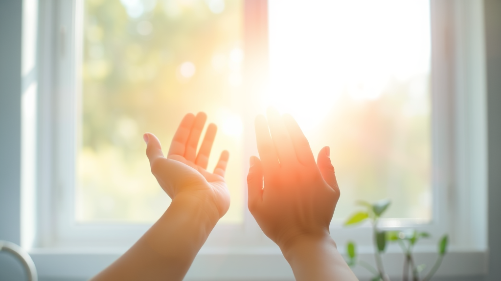 Gentle hands reaching toward soft sunlight streaming through window, peaceful rehabilitation setting with calming blues and greens, hope and healing concept, no text no words no letters