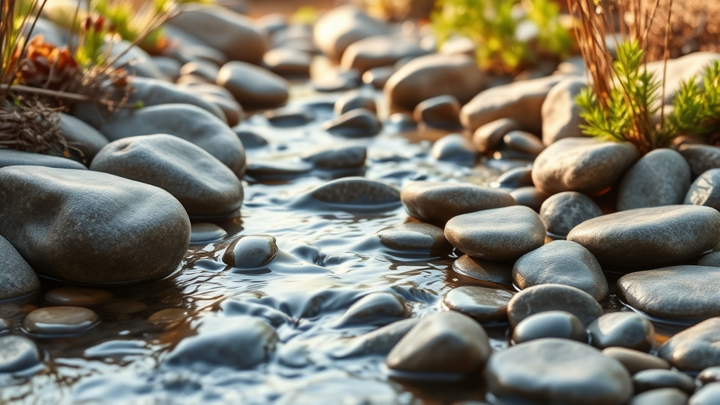 Tranquil therapy garden with smooth river stones and gentle water flow, symbolizing gradual progress and natural healing, warm earth tones, no text no words no letters