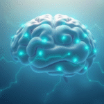 Peaceful brain with gentle electrical patterns, soft blue and green lighting, serene meditation concept, no text no words no letters