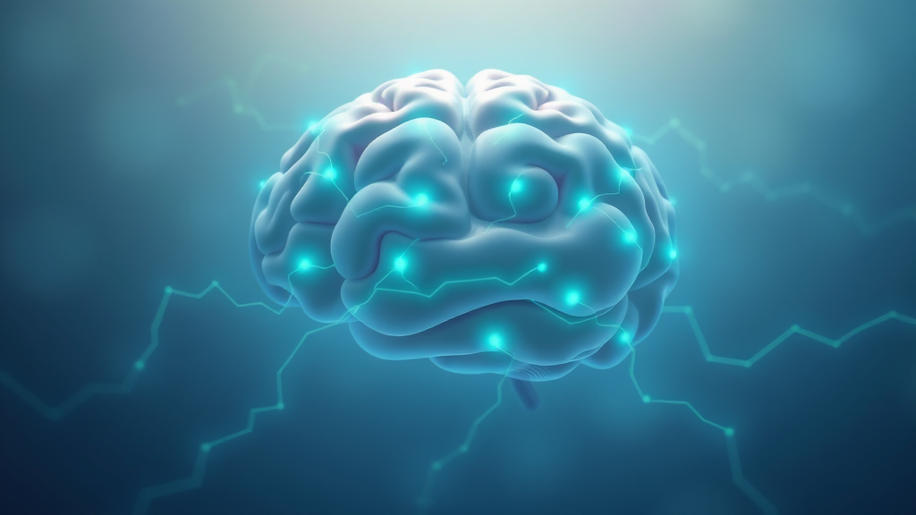 Peaceful brain with gentle electrical patterns, soft blue and green lighting, serene meditation concept, no text no words no letters