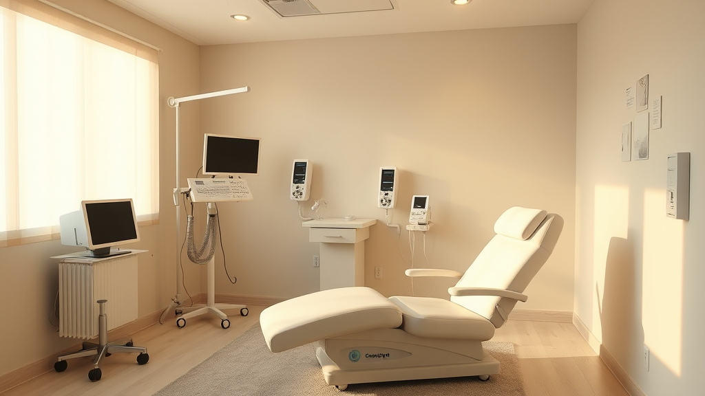 Calm therapy room with comfortable chair and monitoring equipment, warm lighting, healing environment, no text no words no letters
