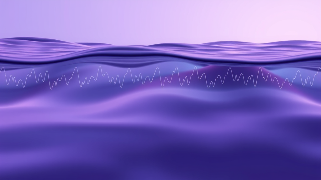 Abstract representation of balanced brainwaves flowing like gentle water, calming purple and blue tones, no text no words no letters