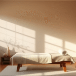 Peaceful therapy room with soft natural lighting, calming earth tones, serene healing environment, no text no words no letters