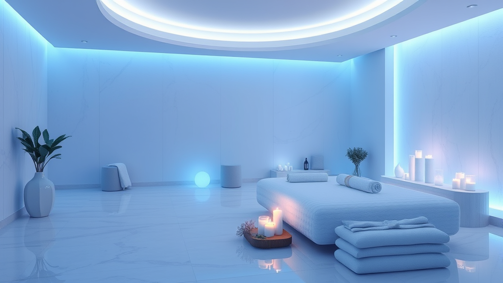 Serene wellness spa setting with soft blue lighting and calming atmosphere focused on recovery and relaxation no text no words no letters