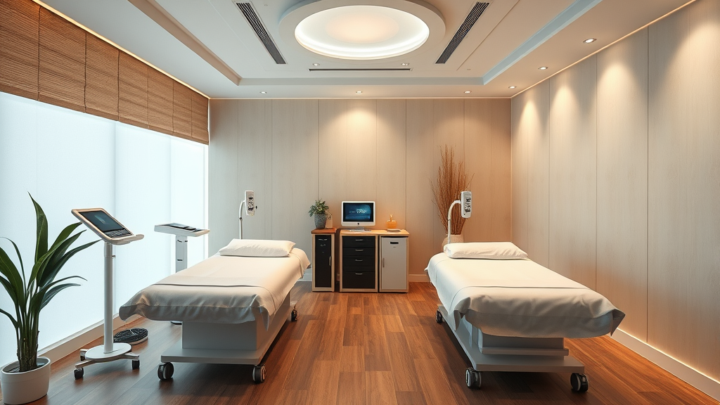 Peaceful therapy room with modern equipment and tranquil ambiance representing advanced recovery technology no text no words no letters