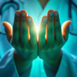 Peaceful healthcare professional with gentle hands reaching toward light, soft blue and green tones, wellness concept, no text no words no letters