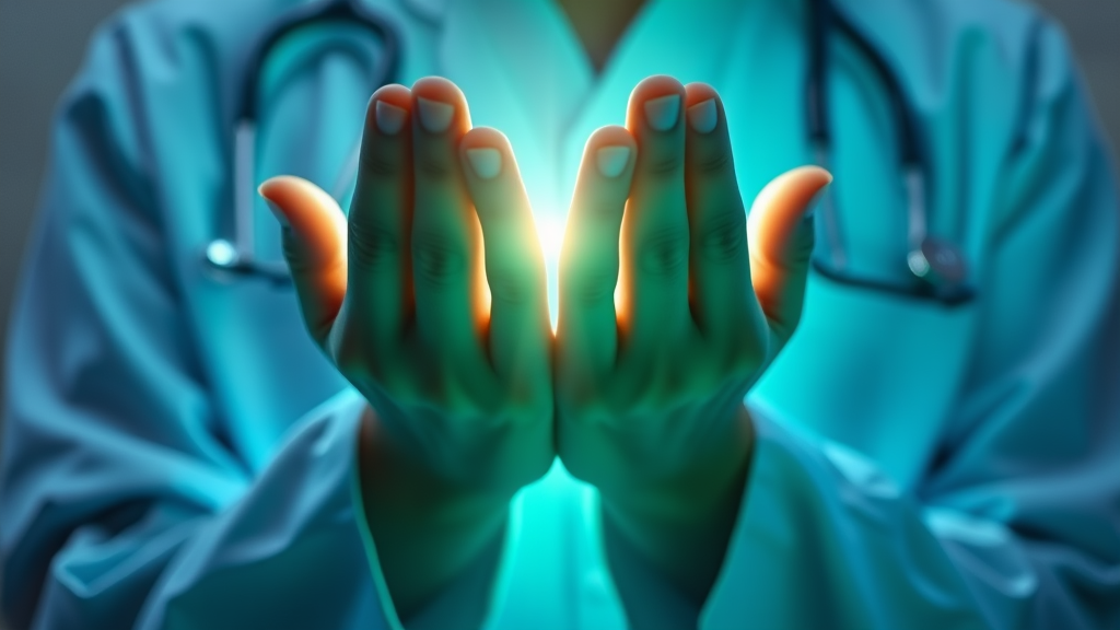Peaceful healthcare professional with gentle hands reaching toward light, soft blue and green tones, wellness concept, no text no words no letters