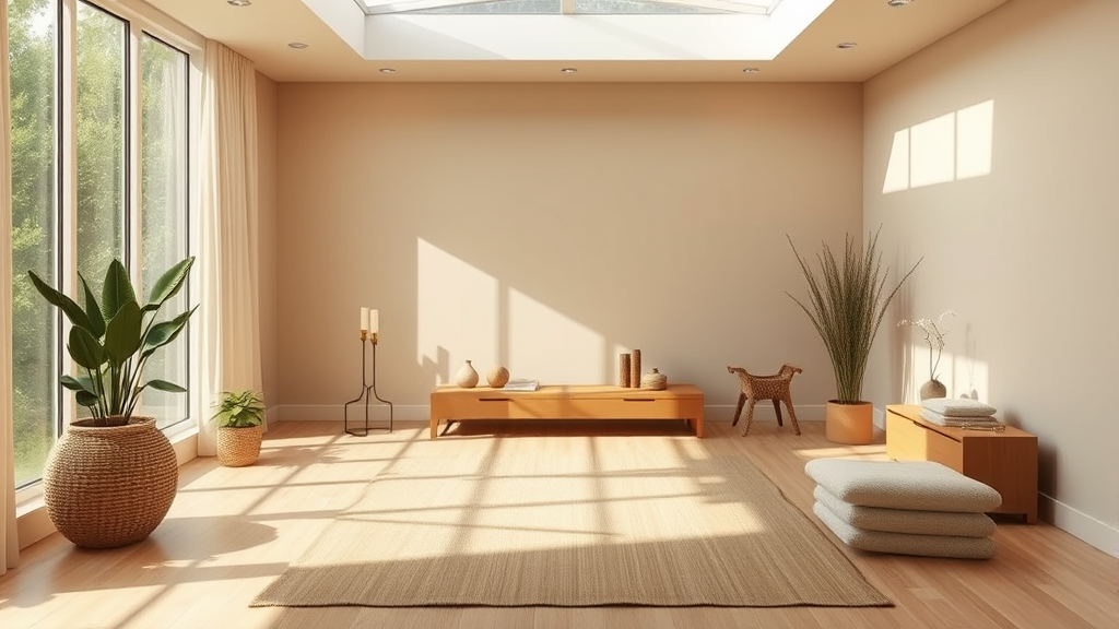 Serene therapy room with natural lighting, calming earth tones, healing environment, peaceful atmosphere, no text no words no letters