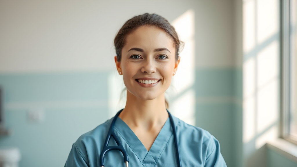 Peaceful healthcare professional in scrubs with gentle smile, soft natural lighting, calming blue and green tones, serene medical environment, no text no words no letters
