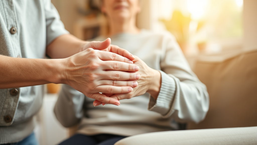 Hands gently assisting elderly person with daily activities, warm natural lighting, comfortable home setting, caring therapeutic interaction, no text no words no letters
