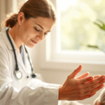 Peaceful healthcare professional helping patient with gentle hands soft natural lighting warm caring atmosphere no text no words no letters