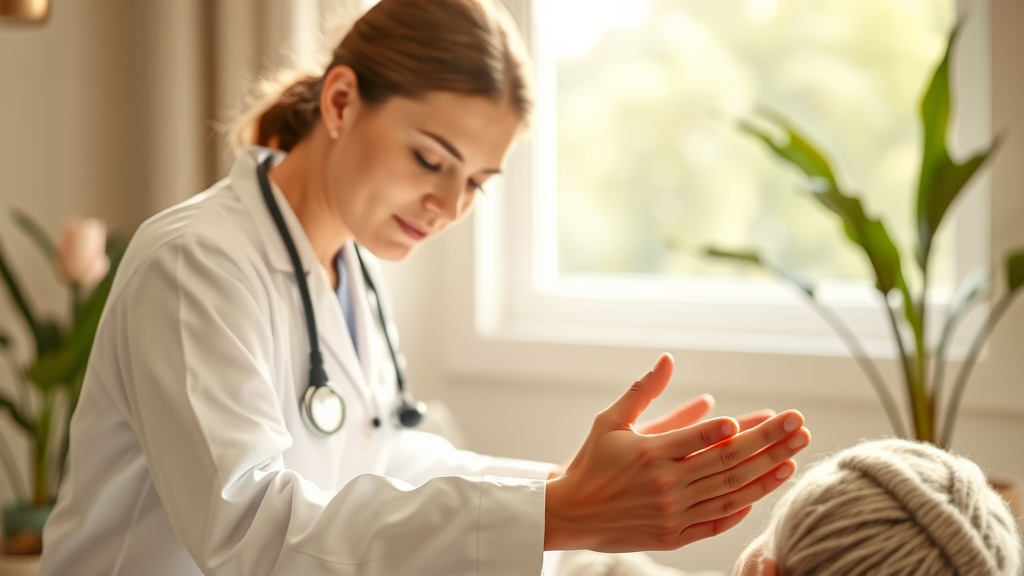 Peaceful healthcare professional helping patient with gentle hands soft natural lighting warm caring atmosphere no text no words no letters