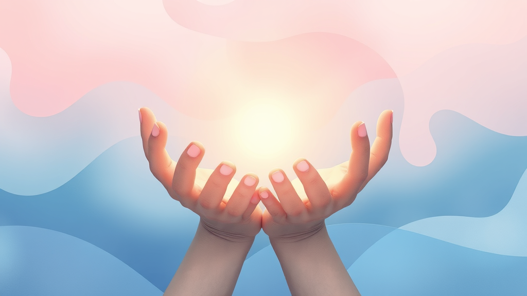Abstract representation of healing hands reaching out soft pastel colors gentle flowing lines emotional wellness concept no text no words no letters