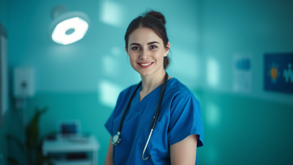 Soft natural lighting healthcare professional in scrubs with gentle smile, calming blue and green tones, peaceful medical setting, no text no words no letters