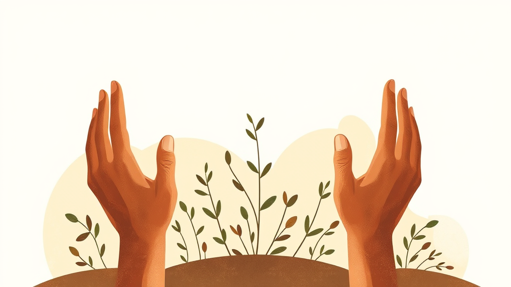 Abstract representation of growth and healing with gentle hands reaching upward, warm earth tones, therapeutic setting with plants, no text no words no letters