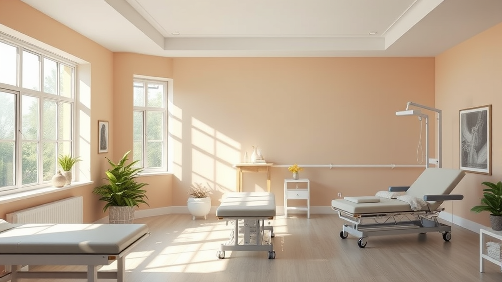 Serene therapy room with natural light streaming through windows, soft pastels, comfortable rehabilitation equipment, peaceful atmosphere, no text no words no letters