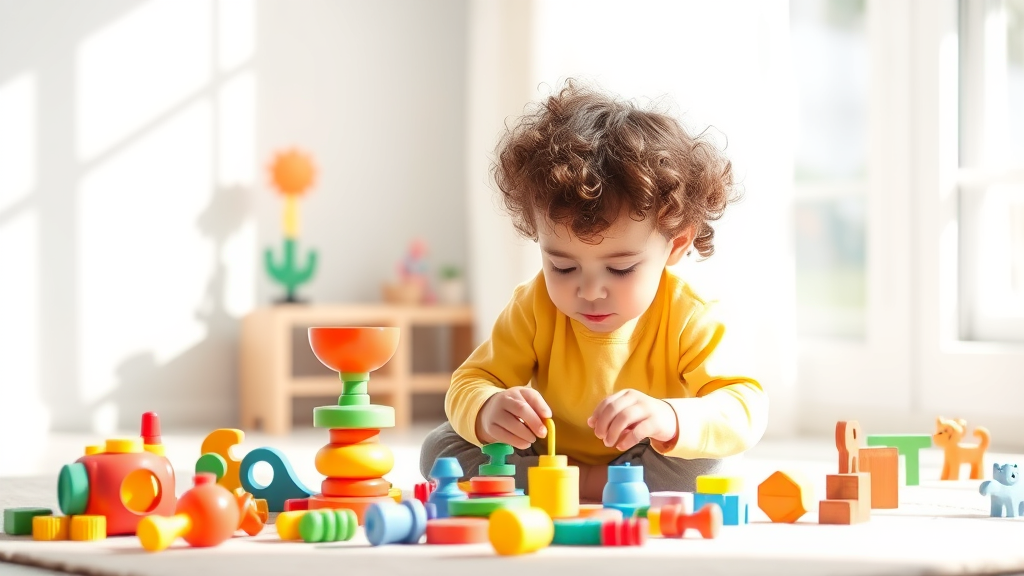 Child playing with colorful therapeutic toys in bright sunlit room with soft pastel colors and gentle natural lighting no text no words no letters
