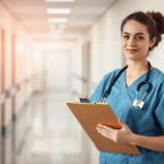 Peaceful healthcare professional in scrubs holding clipboard, soft natural lighting, calming hospital corridor background, no text no words no letters